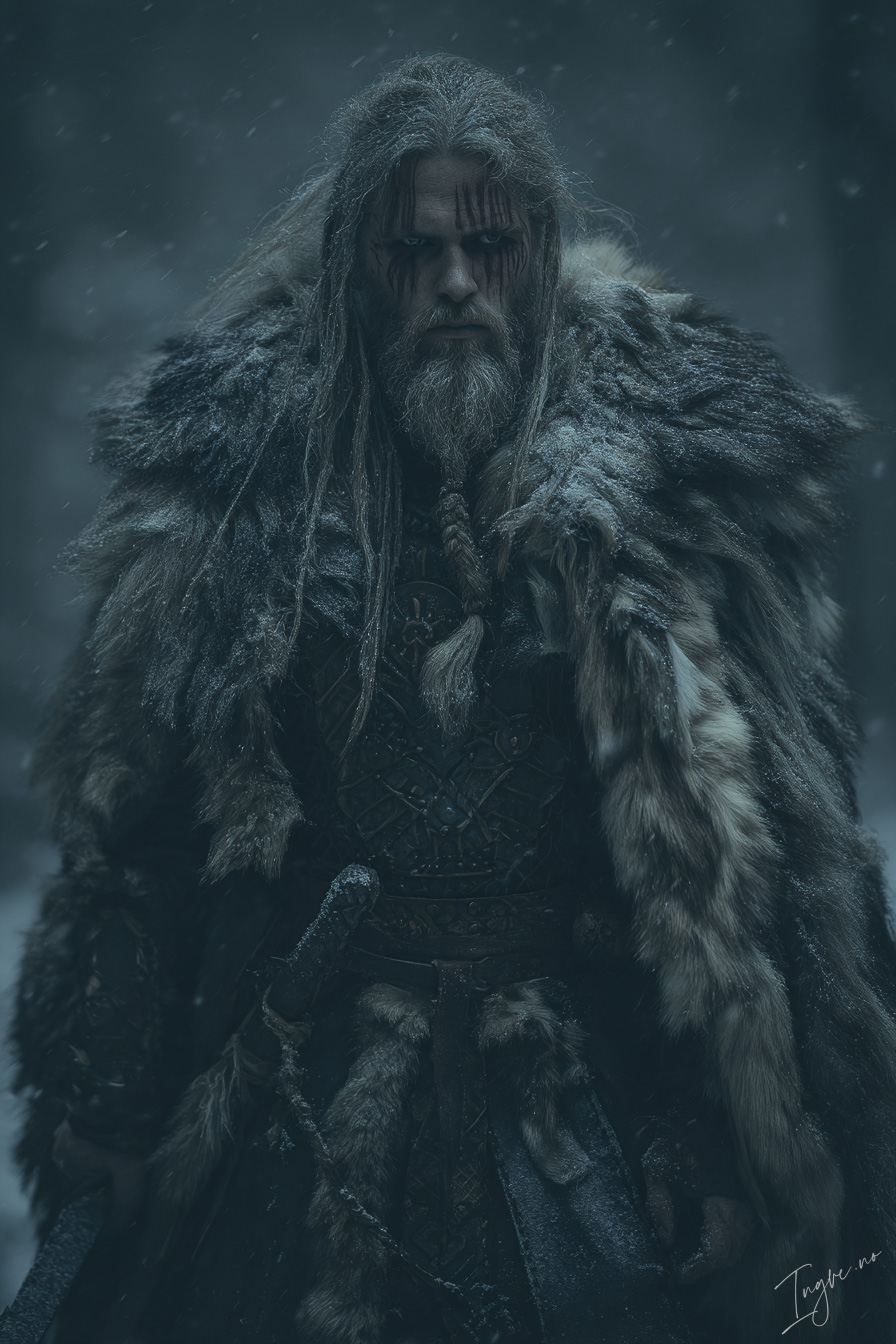 Viking berserker in wolf pelt armor standing in snow before b 5a317963 681f 4a28 863d 92ca797424b2 0
