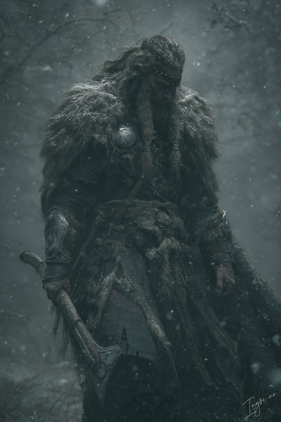 Viking berserker in wolf pelt armor standing in snow before b 5a317963 681f 4a28 863d 92ca797424b2 2