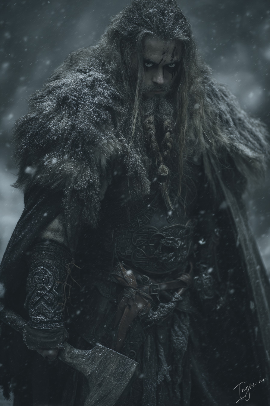 Viking berserker in wolf pelt armor standing in snow before b 5a317963 681f 4a28 863d 92ca797424b2 3