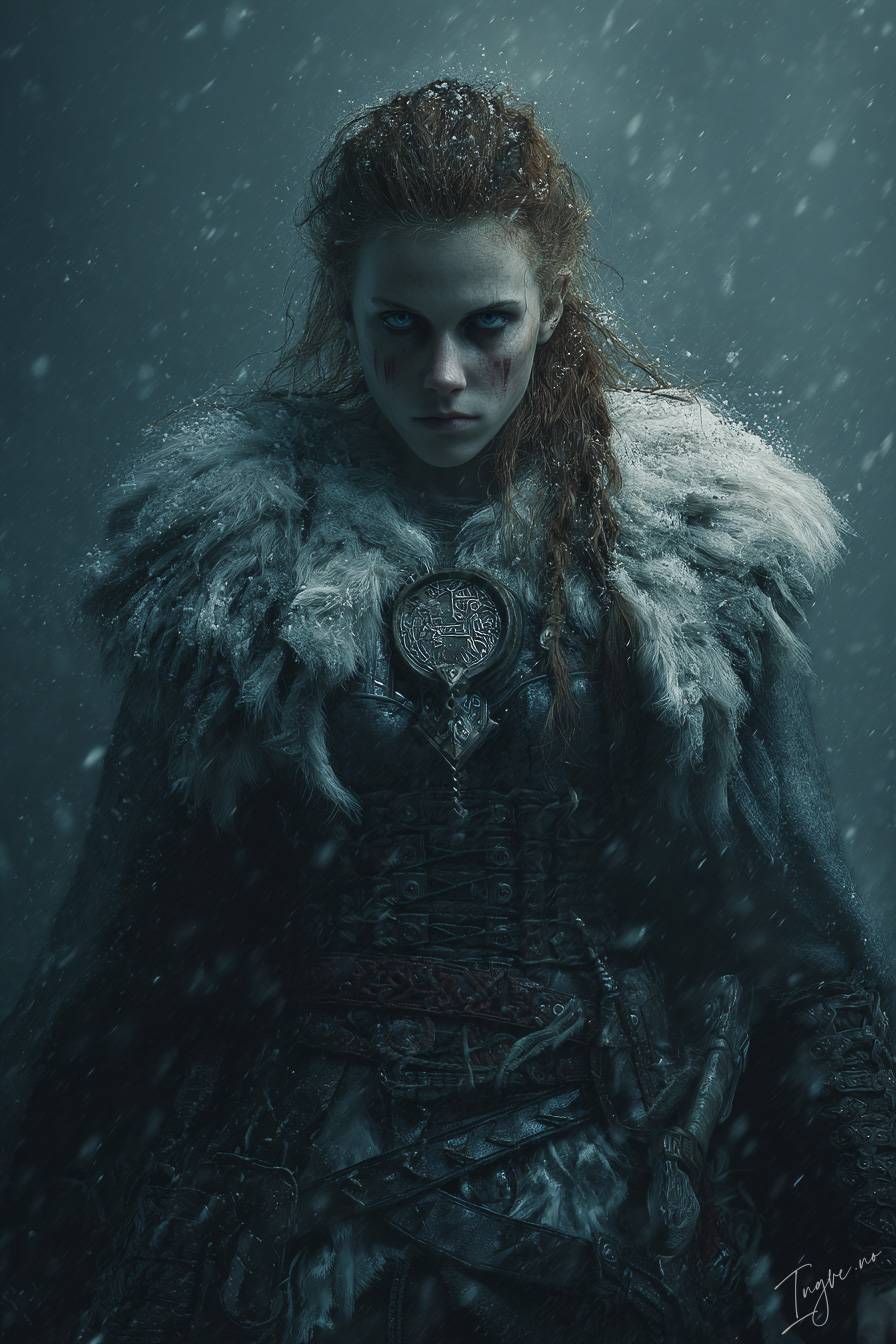 Fierce shieldmaiden with rune etched armor and fur mantle sno bf827fd6 fb52 402c bab8 dacd114b4792 0