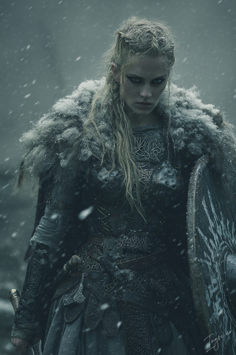 Fierce shieldmaiden with rune etched armor and fur mantle sno bf827fd6 fb52 402c bab8 dacd114b4792 2