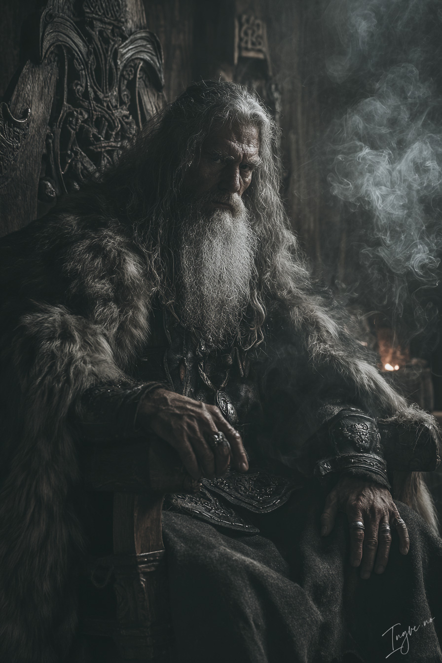 Old Viking jarl seated inside a smoky longhouse heavy furs ca ea57be7f f8e6 4e92 a31c 421be5ddaa56 0
