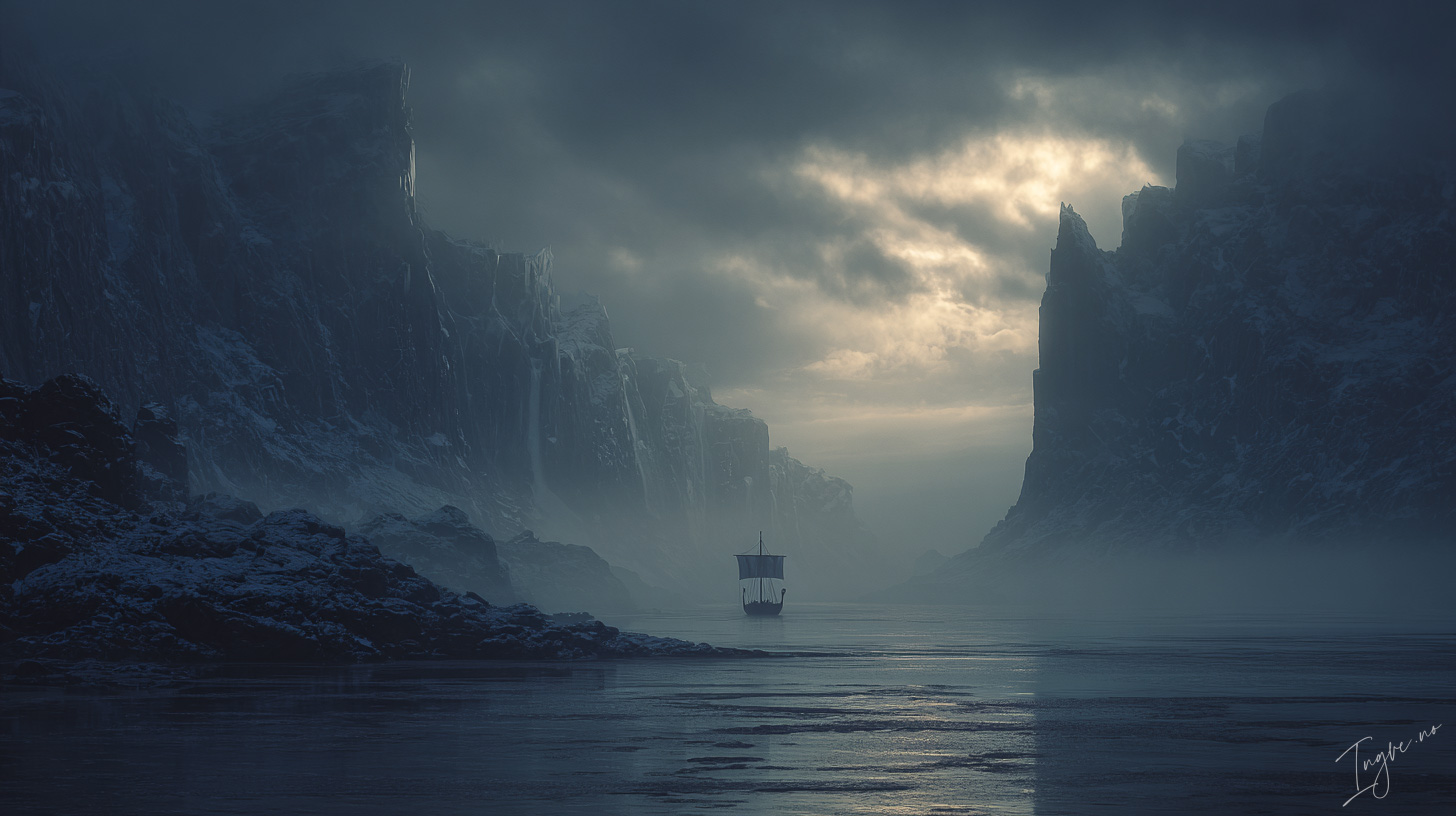 Vast Viking fjord at dawn frozen cliffs rising over black wat 8dd9eec5 538e 42f8 ba1c 264e4d500cb8 0