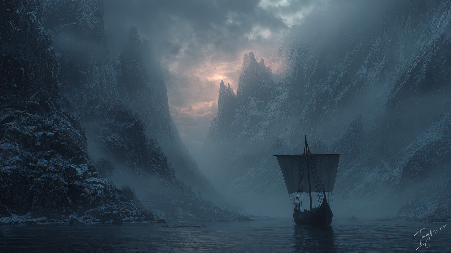 Vast Viking fjord at dawn frozen cliffs rising over black wat 8dd9eec5 538e 42f8 ba1c 264e4d500cb8 2