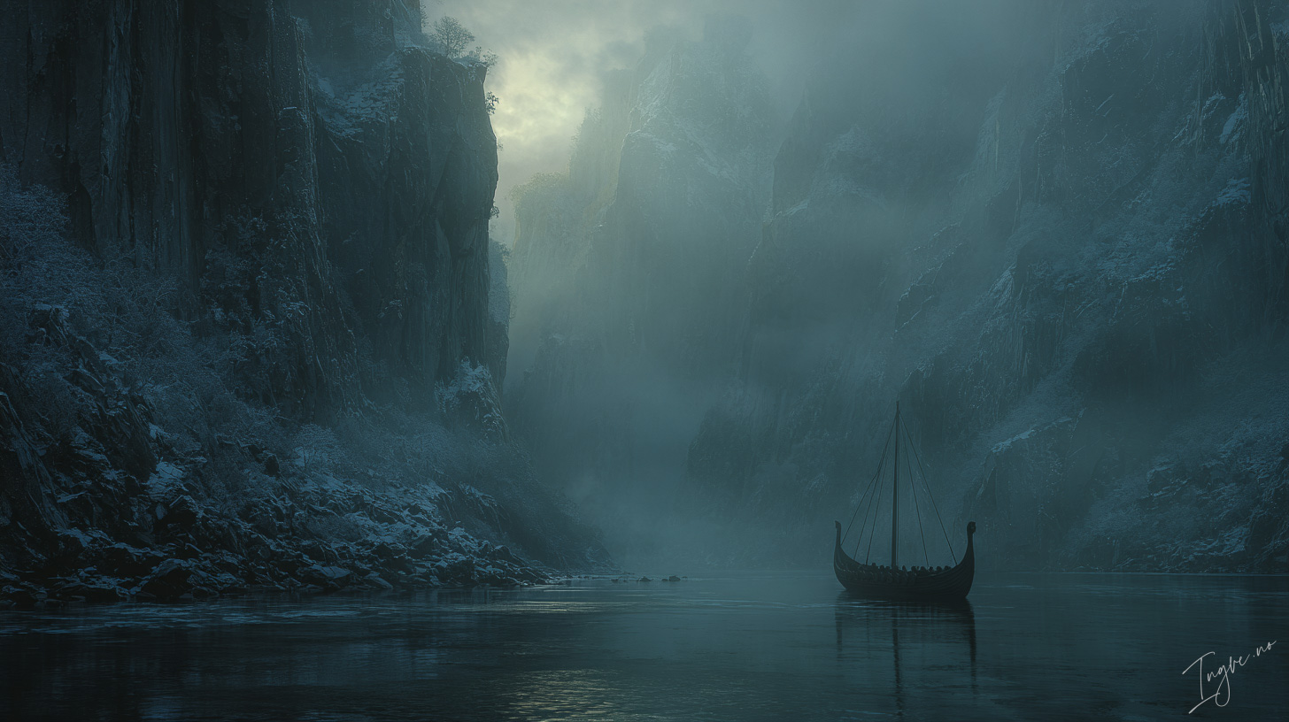Vast Viking fjord at dawn frozen cliffs rising over black wat 8dd9eec5 538e 42f8 ba1c 264e4d500cb8 3