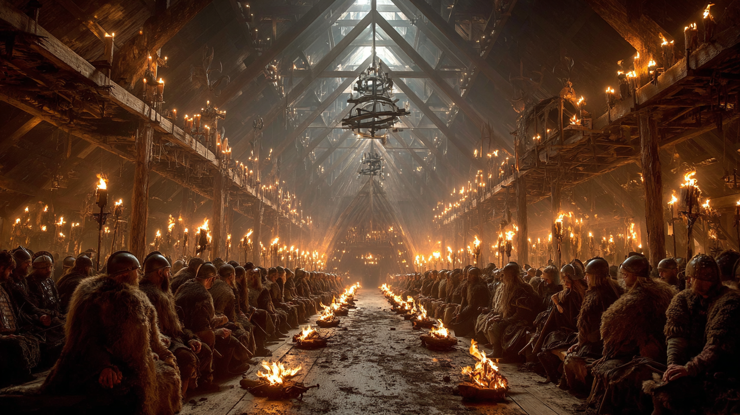Viking feast where the hall stretches endlessly into darkness 7fc724bb 55b3 4e49 a6f7 eeefee950289 1
