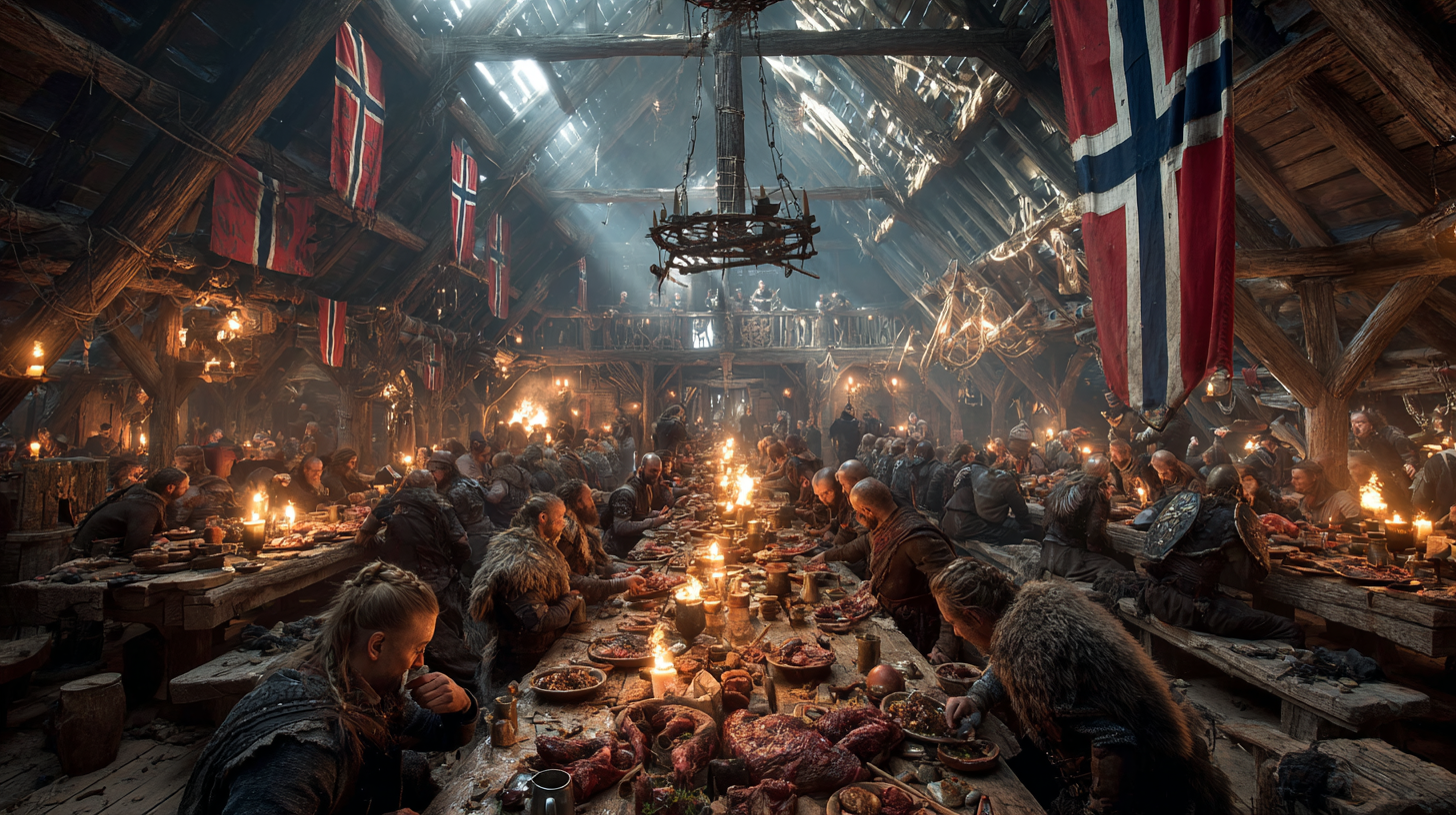Viking longhouse filled with warriors celebrating victory eat 55bb7b62 0af2 47ea 94ac 1e4357cb7ac6 3