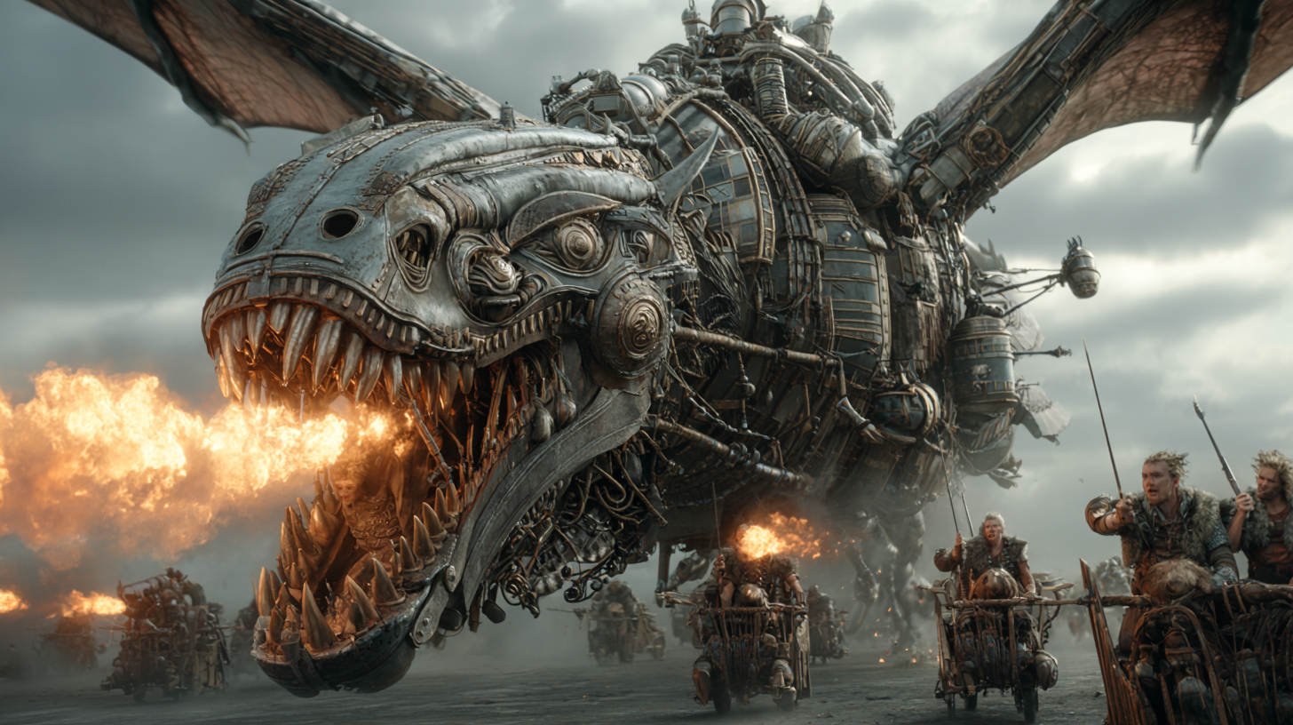 Viking warriors battling enormous mechanical dragons metal wi 785ee147 9ab1 467b 834f ce95d34cff9e 0