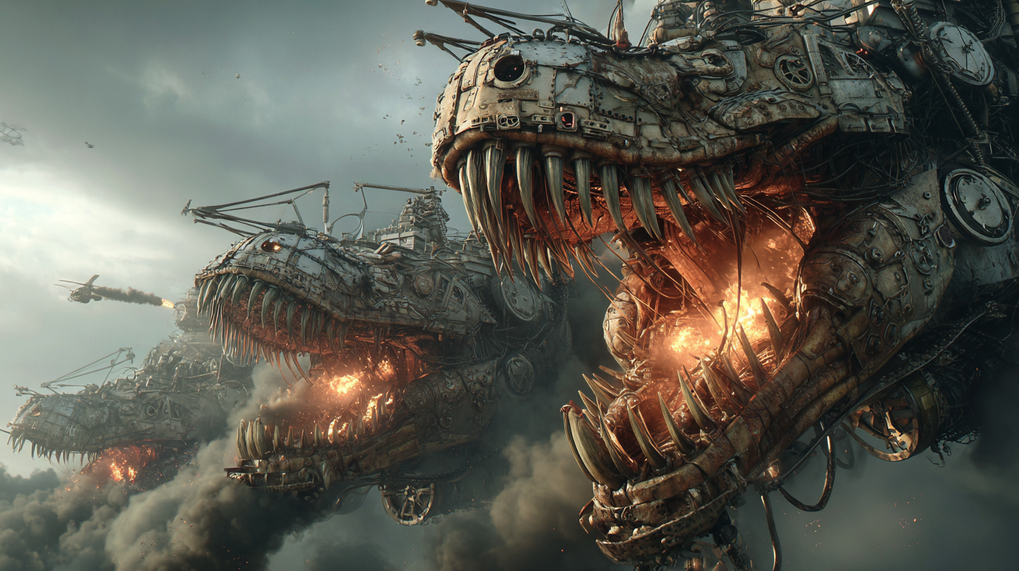 Viking warriors battling enormous mechanical dragons metal wi 785ee147 9ab1 467b 834f ce95d34cff9e 1