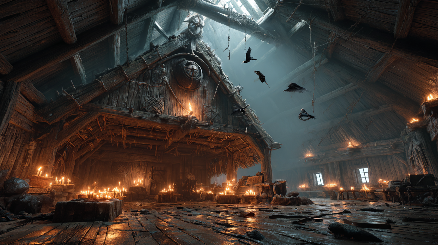 Ancient Viking longhouse filled with uneasy warriors glowing  a59c3383 5491 4f27 a85c cc4a717e31fe 0