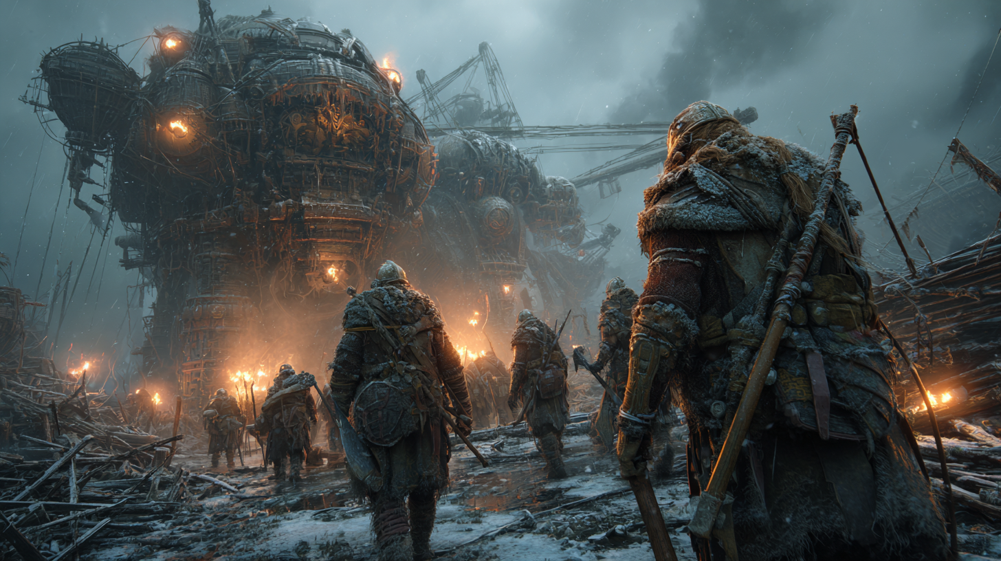 Battlefield where giant Viking warriors clash among burning m 9e03536a c418 4408 836a 4d8e5dcd6513 0