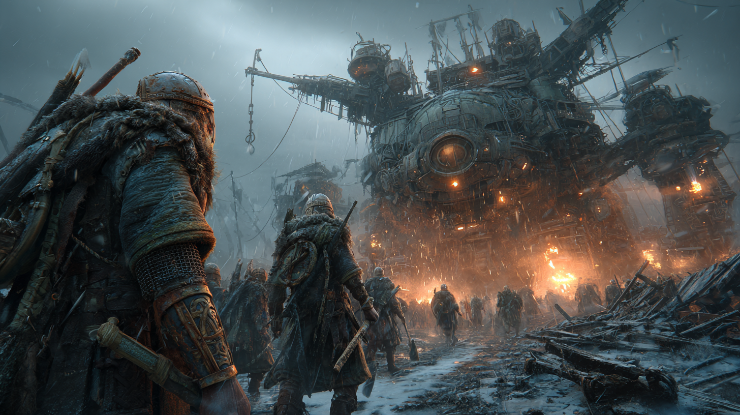 Battlefield where giant Viking warriors clash among burning m 9e03536a c418 4408 836a 4d8e5dcd6513 1