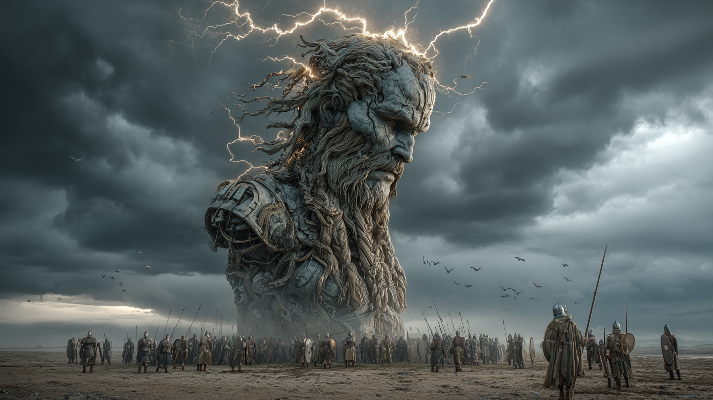 Giant Norse god figure made of metal and storm clouds towerin 41fbc381 31fc 41df 8199 8c9aaedfd29f 0