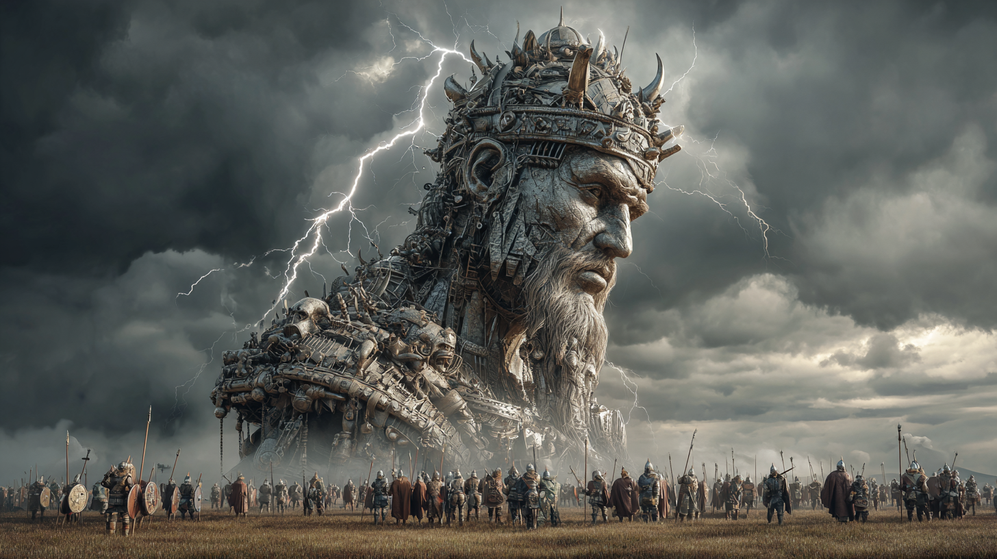 Giant Norse god figure made of metal and storm clouds towerin 41fbc381 31fc 41df 8199 8c9aaedfd29f 1