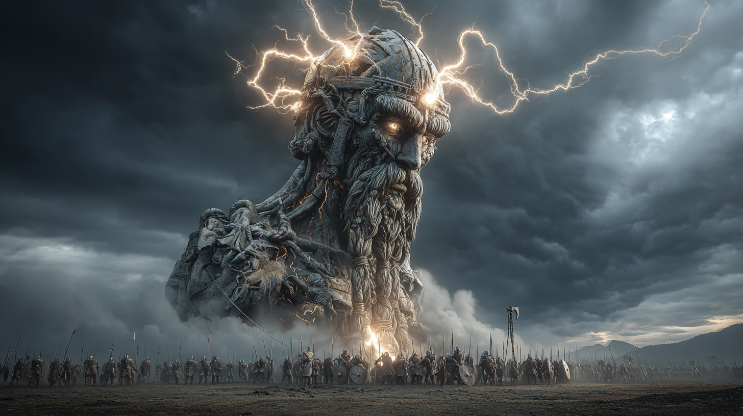 Giant Norse god figure made of metal and storm clouds towerin 41fbc381 31fc 41df 8199 8c9aaedfd29f 2