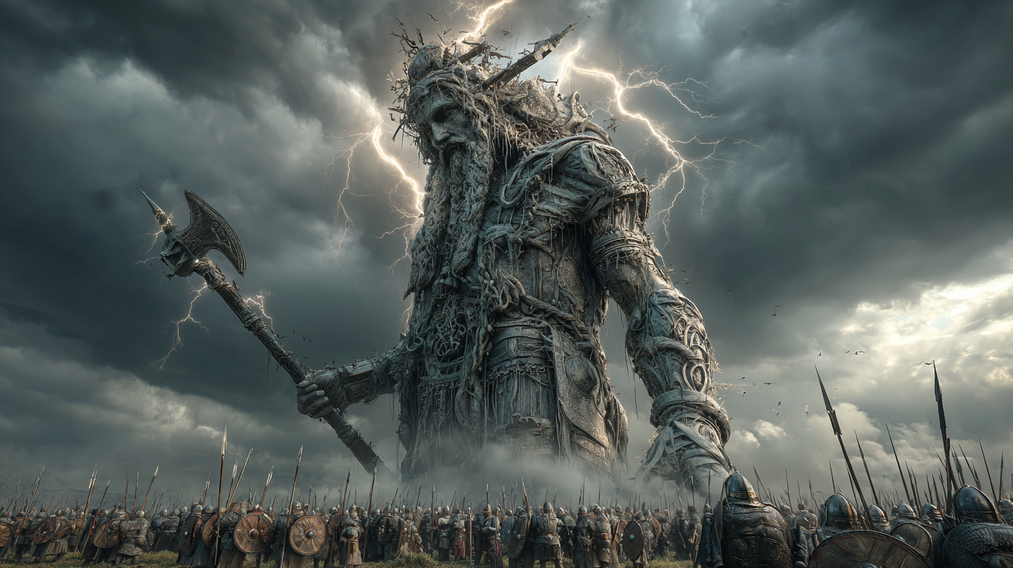Giant Norse god figure made of metal and storm clouds towerin 41fbc381 31fc 41df 8199 8c9aaedfd29f 3