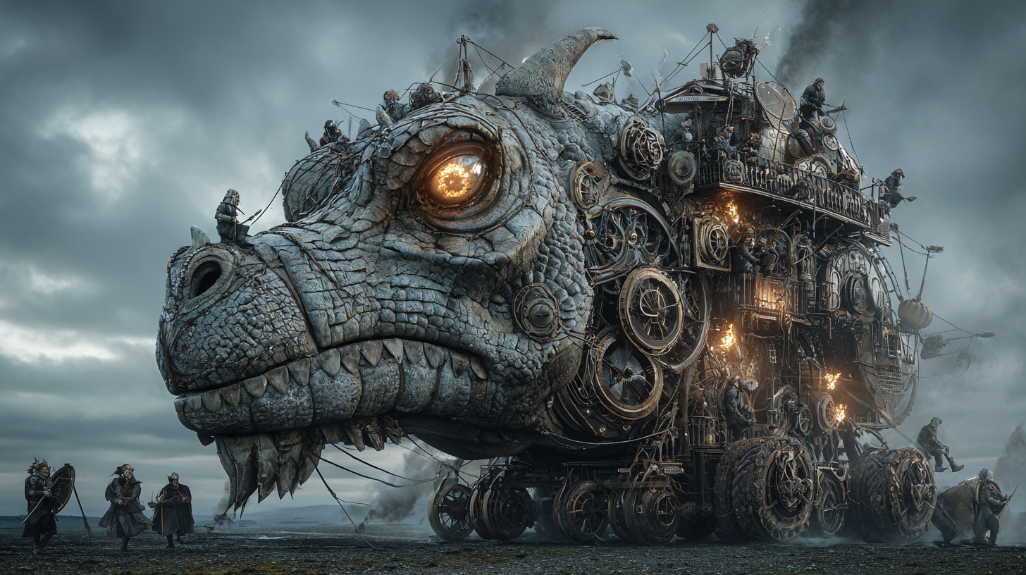 Gigantic Viking war machine shaped like a dragon powered by s 604bfc56 e9cf 4b39 97a2 a6ca0ee46516 0