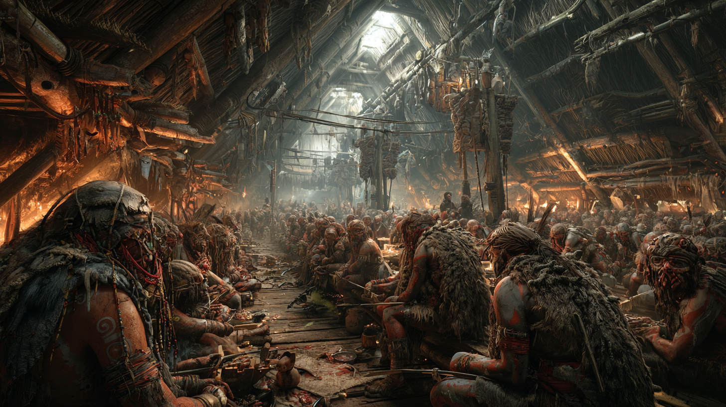 Longhouse packed with warriors shoulder to shoulder shouting  348ce45c 0469 4bae 966e f50587ffbdb8 2