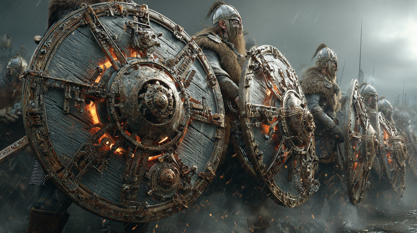 Mechanical Viking shield wall warriors holding shields with r 24a2d93c 048f 484b bae7 6d49455456ff 2