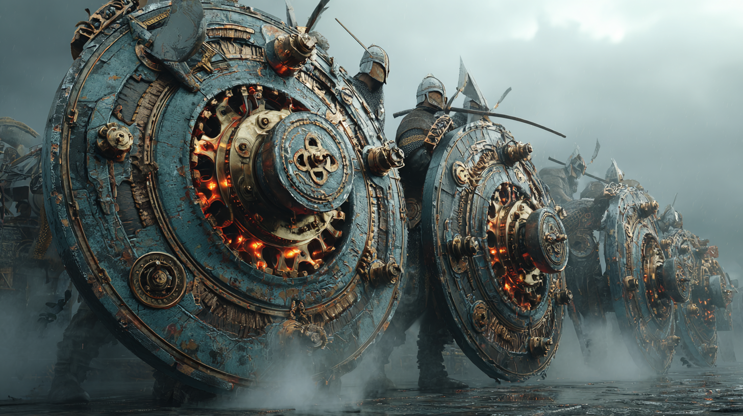 Mechanical Viking shield wall warriors holding shields with r b89cee32 843c 4d83 8f88 5a3c1abee149 0