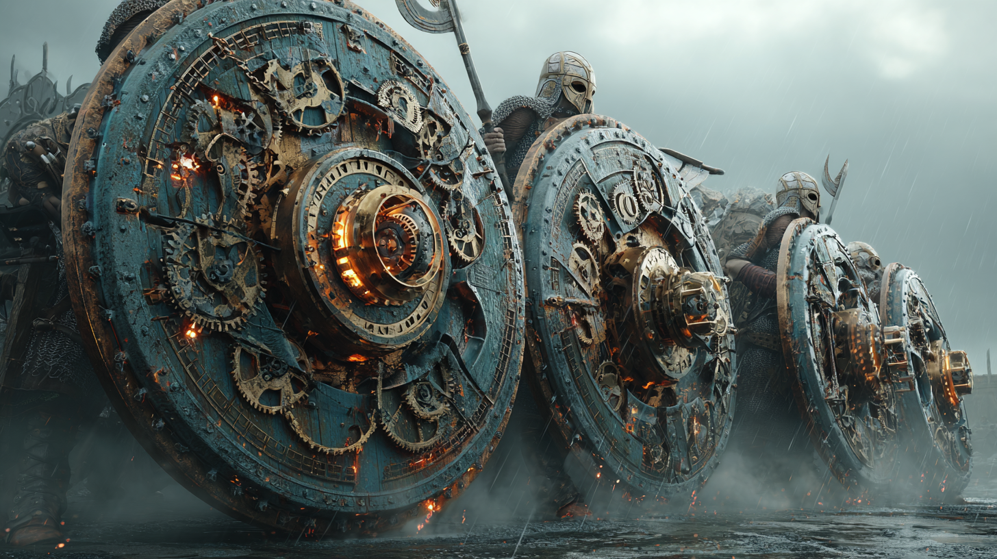 Mechanical Viking shield wall warriors holding shields with r b89cee32 843c 4d83 8f88 5a3c1abee149 2