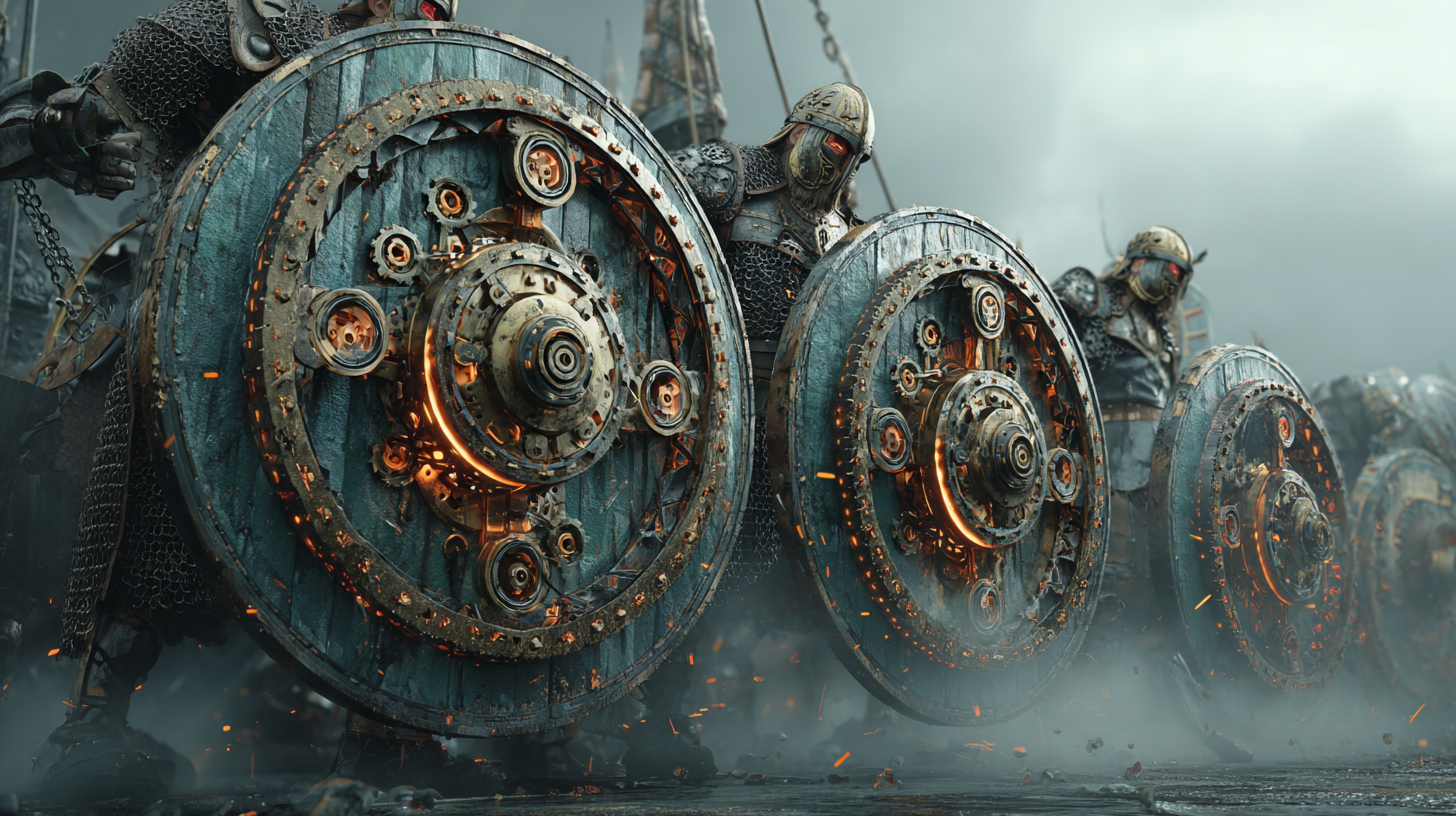 Mechanical Viking shield wall warriors holding shields with r b89cee32 843c 4d83 8f88 5a3c1abee149 3
