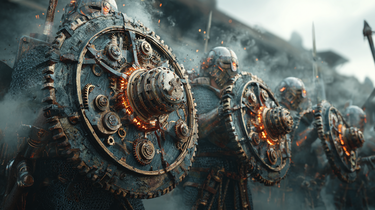 Mechanical Viking shield wall warriors holding shields with r f3903b51 efeb 4dae 831e 1f93ae4bb4a2 0