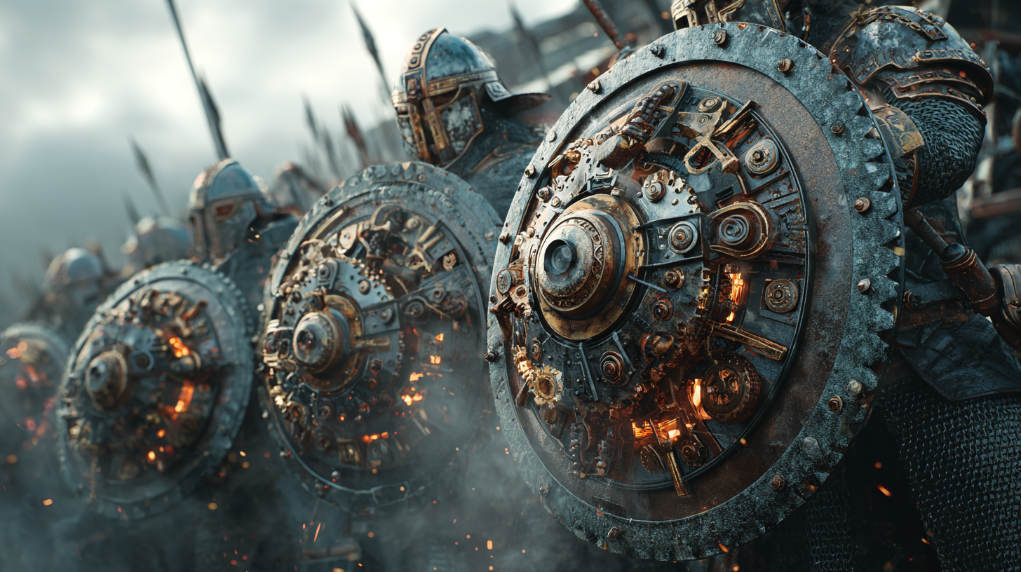 Mechanical Viking shield wall warriors holding shields with r f3903b51 efeb 4dae 831e 1f93ae4bb4a2 3