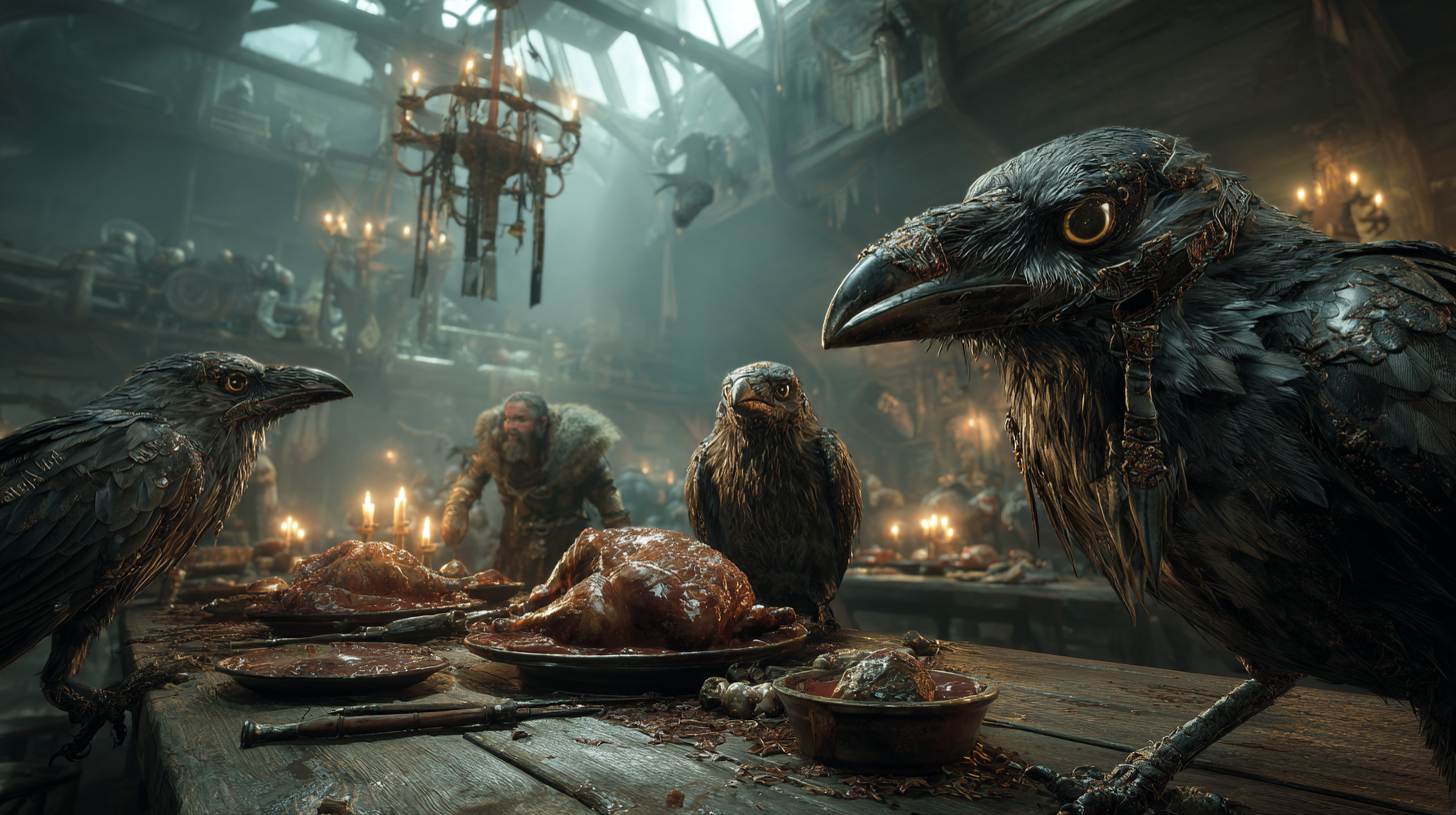 Mechanical ravens flying through a Viking feast hall landing  43c1c339 912a 4f98 95f7 b35a2cb04c4d 3