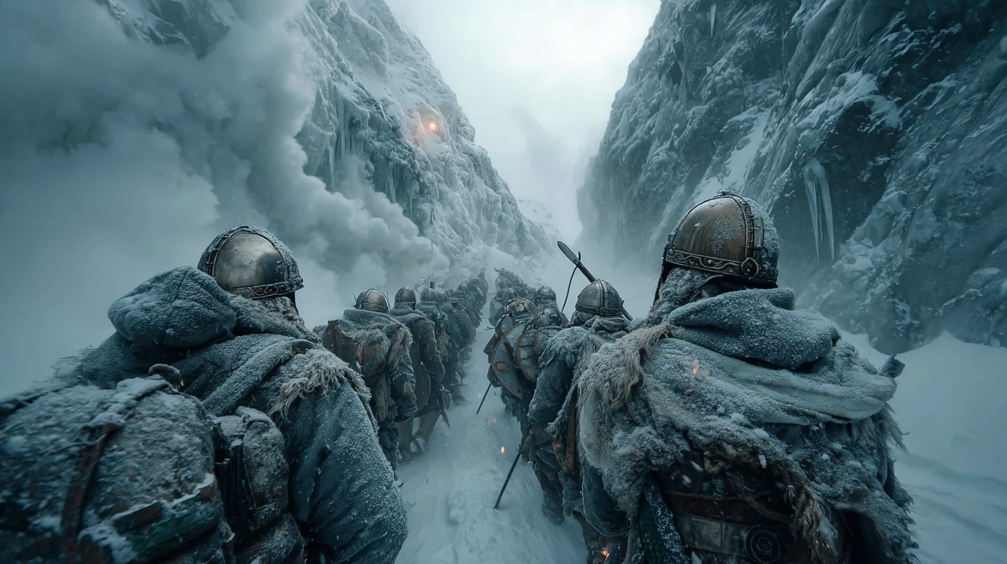 Narrow mountain pass filled with Viking warriors clashing in  2feeb24e ba4d 4b27 abe4 b6e02ddffa73 0