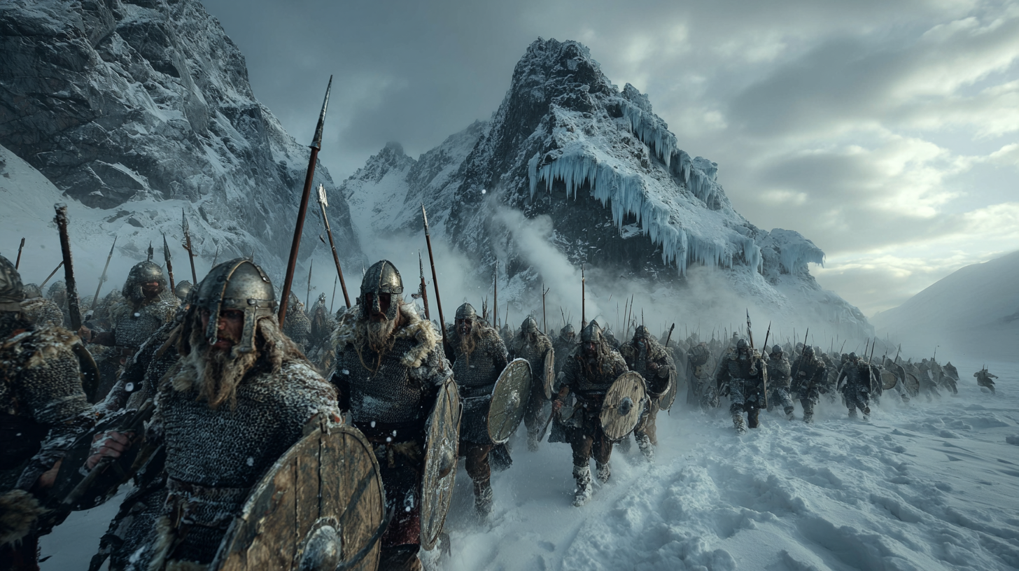 Narrow mountain pass filled with Viking warriors clashing in  2feeb24e ba4d 4b27 abe4 b6e02ddffa73 1