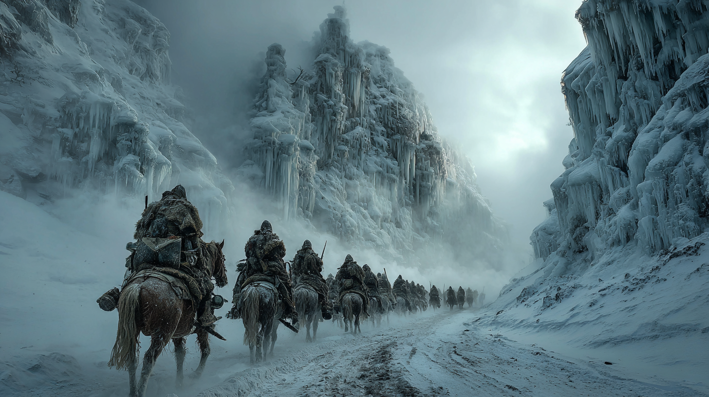 Narrow mountain pass filled with Viking warriors clashing in  2feeb24e ba4d 4b27 abe4 b6e02ddffa73 2