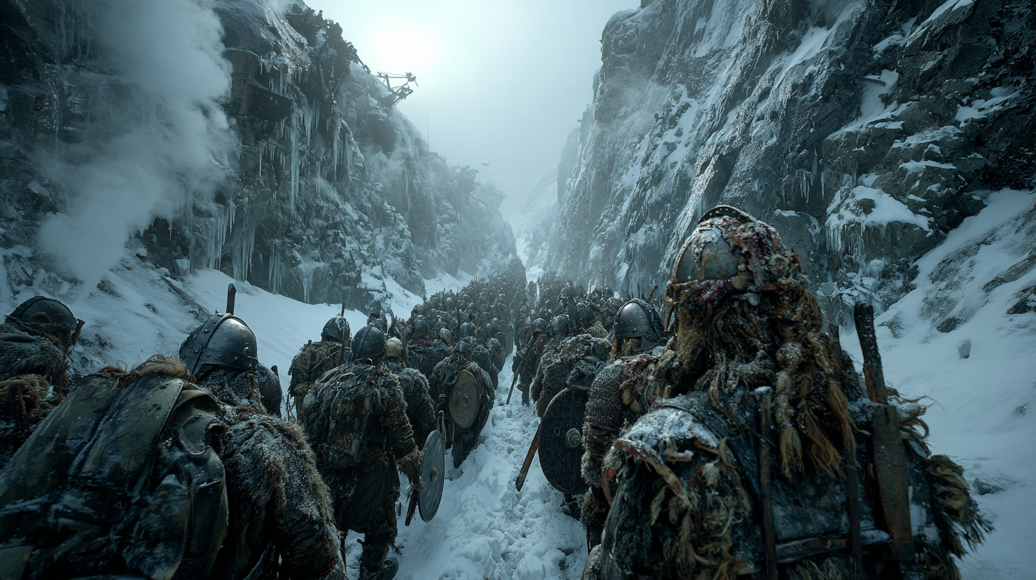 Narrow mountain pass filled with Viking warriors clashing in  2feeb24e ba4d 4b27 abe4 b6e02ddffa73 3