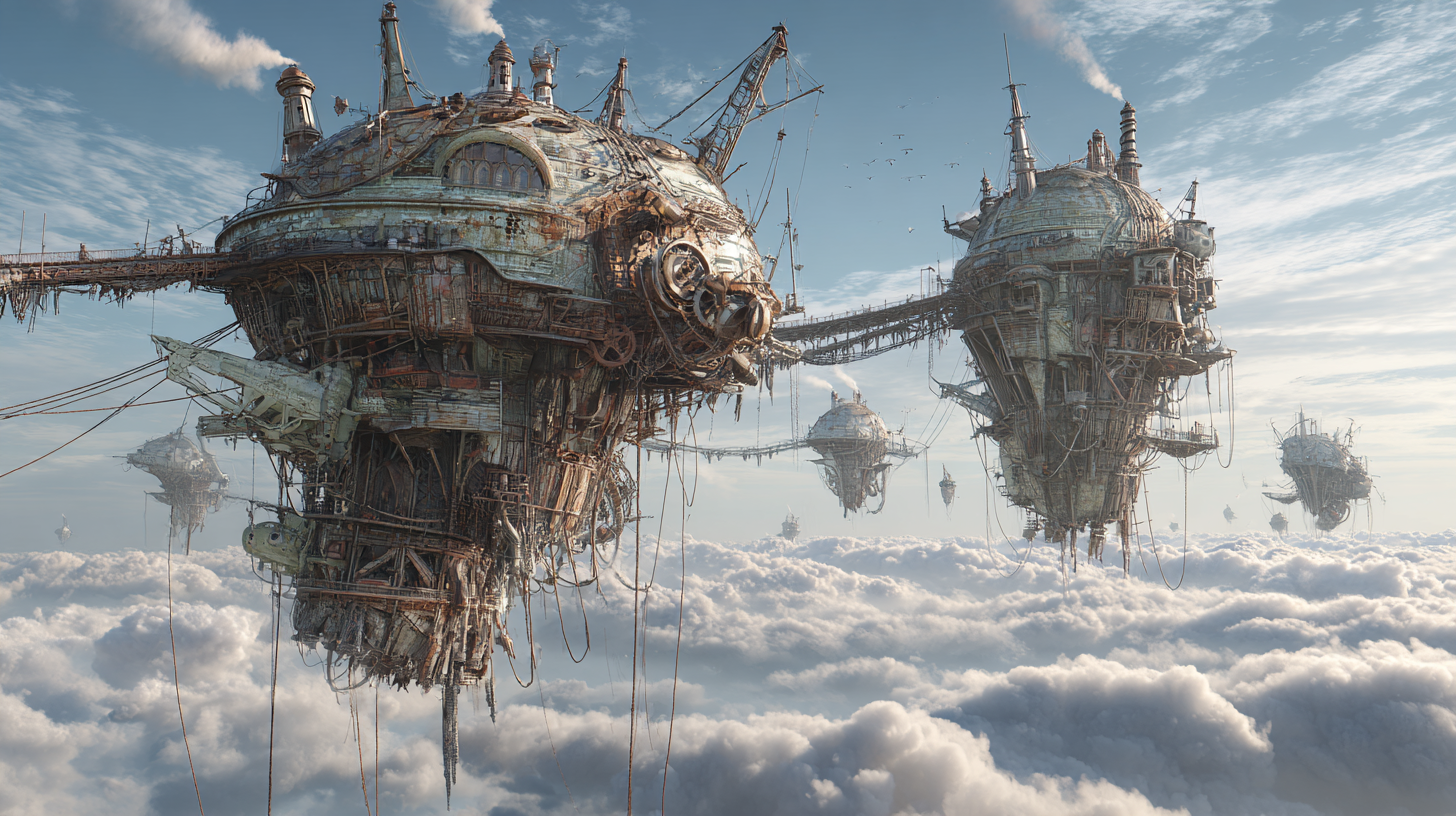Sky filled with floating Viking structures connected by chain 3ef093a2 8ebb 4d54 9387 d440261f747c 0