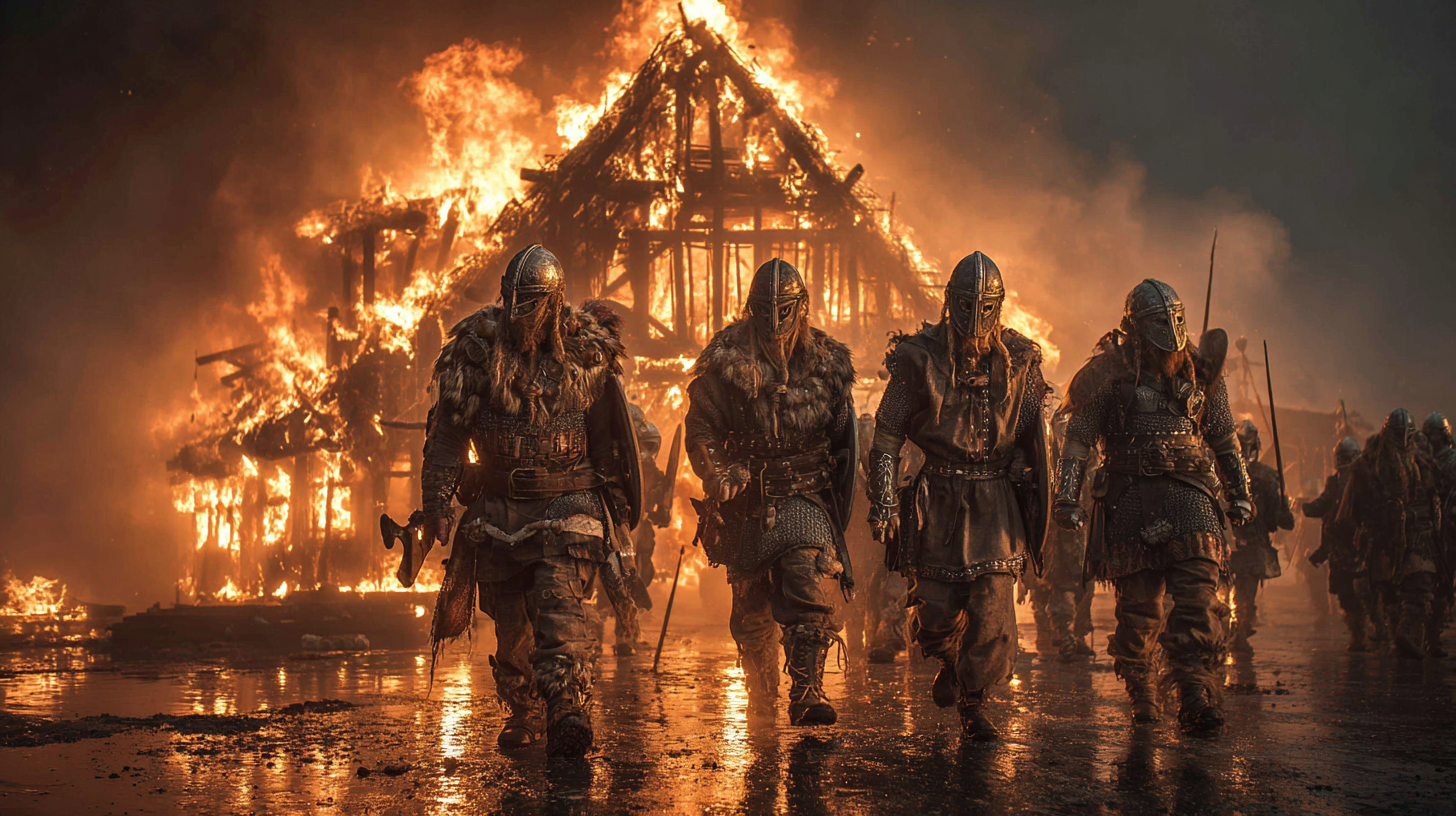 Small group of Viking warriors defending a burning longhouse  5c5e607a 8124 49b0 92b6 5d358e2b2c56 0