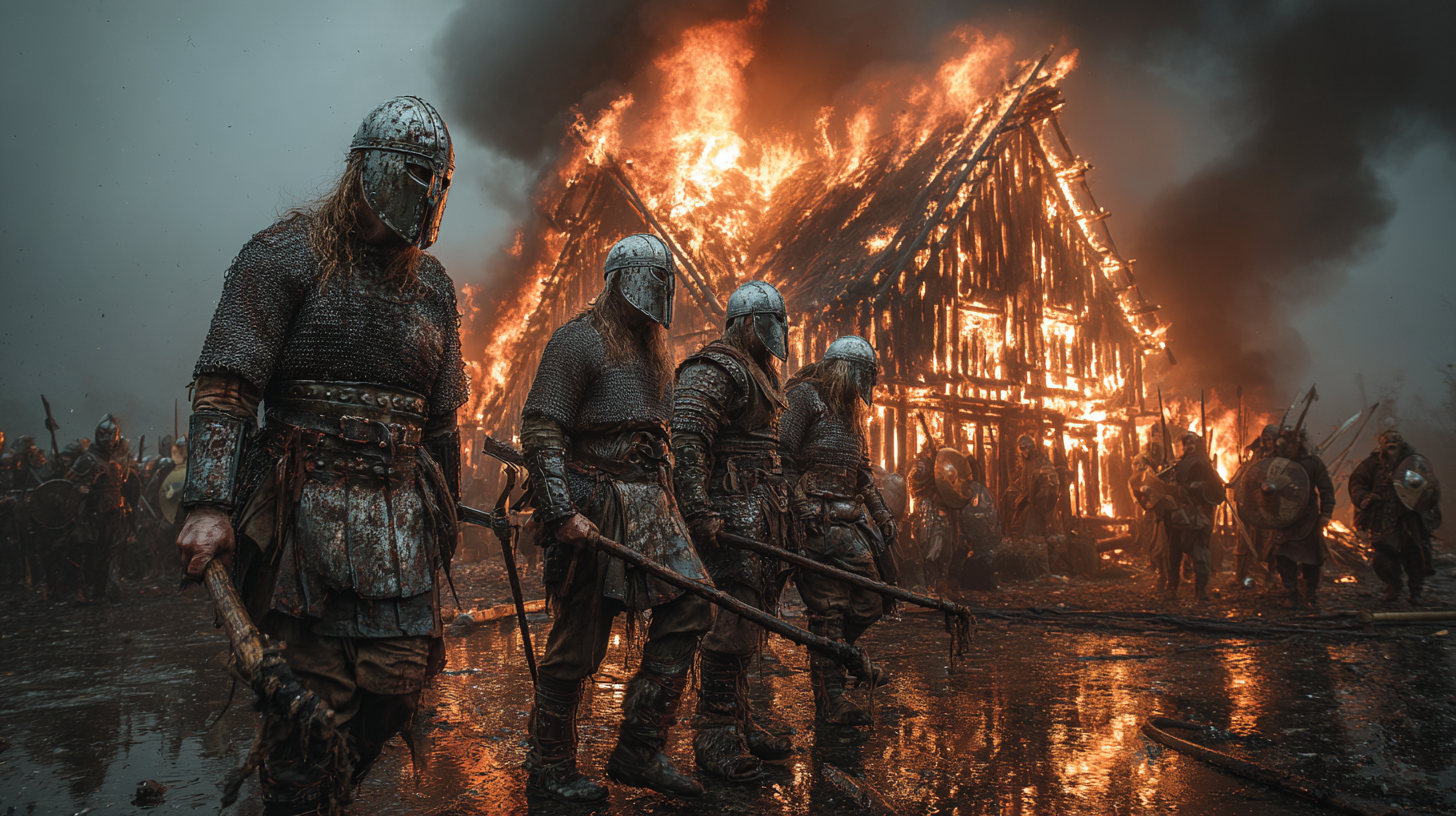 Small group of Viking warriors defending a burning longhouse  757057a4 c221 4b9b a25f 92239d8fda52 0
