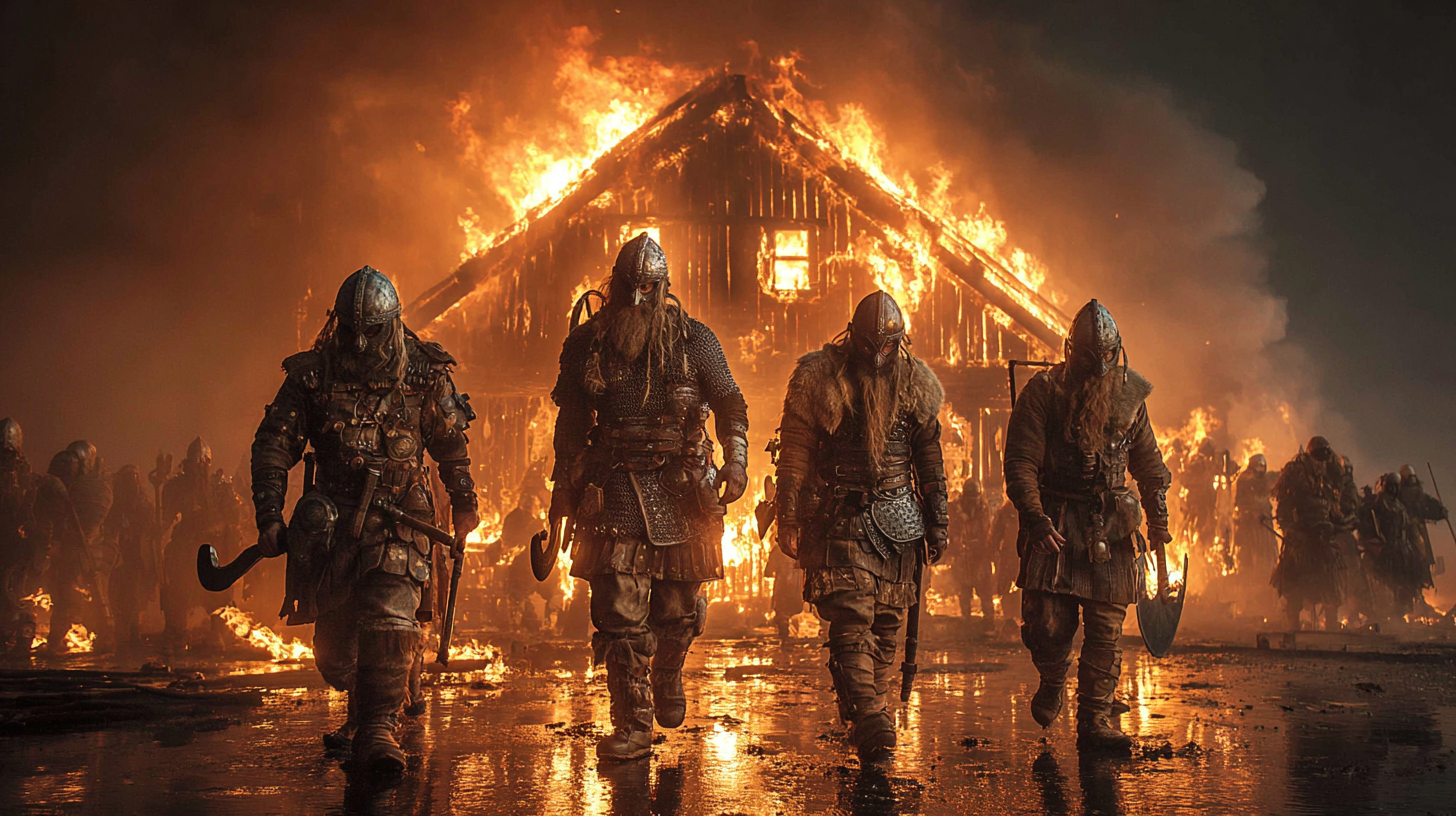 Small group of Viking warriors defending a burning longhouse  757057a4 c221 4b9b a25f 92239d8fda52 1