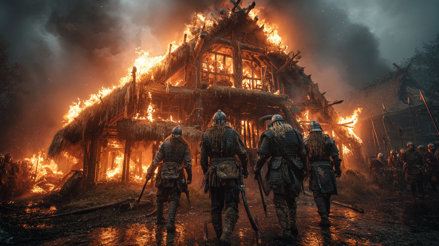 Small group of Viking warriors defending a burning longhouse  757057a4 c221 4b9b a25f 92239d8fda52 2